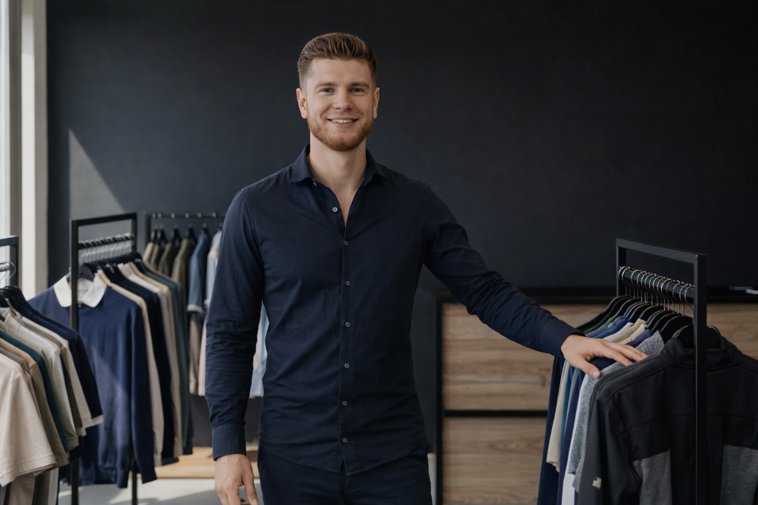 Trust & Tailor showroom met ondernemer tussen zakelijke kleding, casual wear en workwear collecties