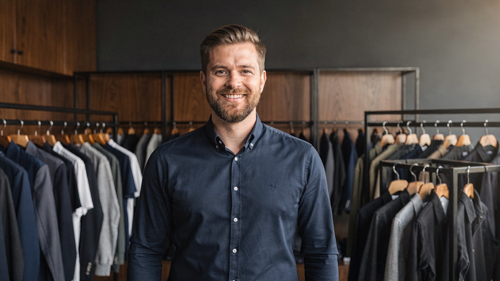 Trust & Tailor showroom met premium bedrijfskleding, corporate wear en workwear collecties gepresenteerd door oprichter in moderne kledingomgeving